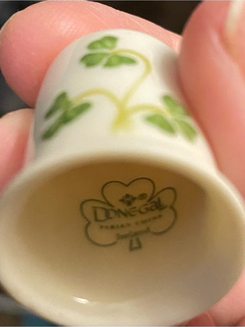 Vintage Donegal Irish Ceramic Thimble with Green Shamrock Motif